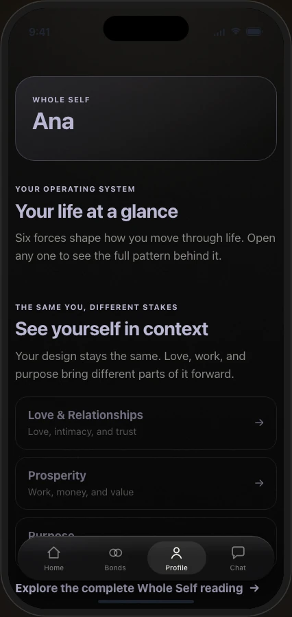 The Ayana reading on iPhone: a Whole Self card, a section headed "Your life at a glance", and the three life lenses.